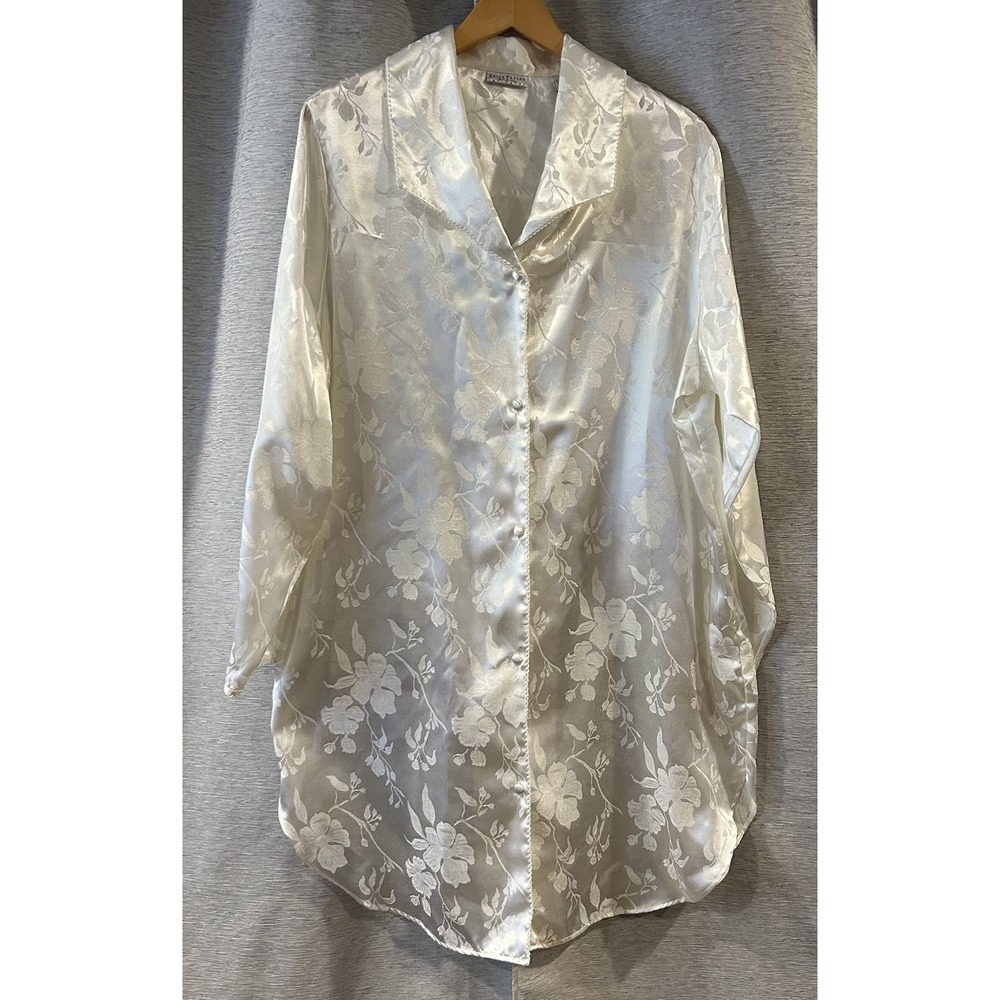 Erika Taylor Intimates Large Satin‎ Floral Damask Button Down Ivory Nightgown